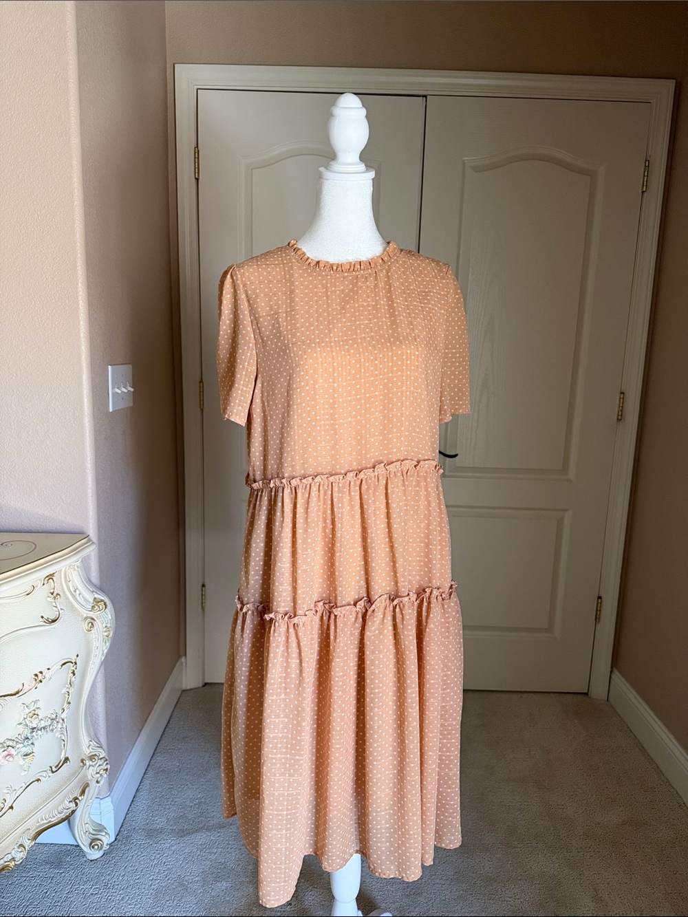 orange creek Peach Polka Dot Ruffle-Tier Midi Dress